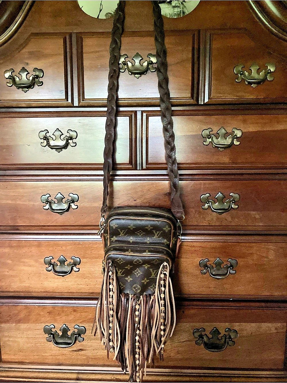 Vintage Boho Louis Vuitton Brown Monogram Fringe Crossbody